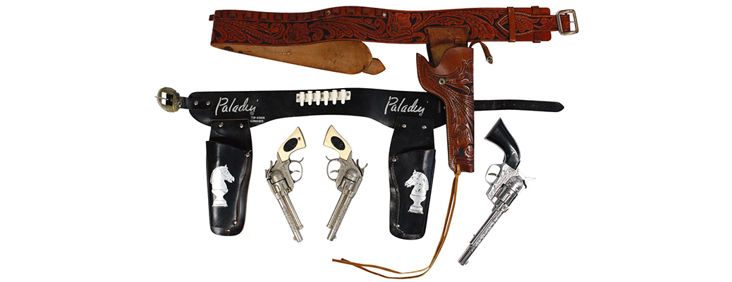 Western toys & books, leather single holster set with Hubley gun