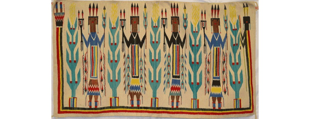 NavajoTextile, 1950s white field, rainbow colors, yei pattern